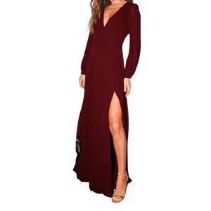 LULUS Burgundy Long Sleeve Maxi Dress‎ Slit V-Neck Back-Tie Gown Size S